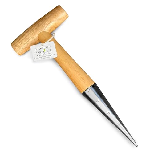 Garden Guru Steel Dibber Planter Tool for Planting Seeds & Bulbs - High Carbon Steel & Comfortable Wood Carved Handle - for Consistent Planting Flowers Tulips Daffodils Dahlias
