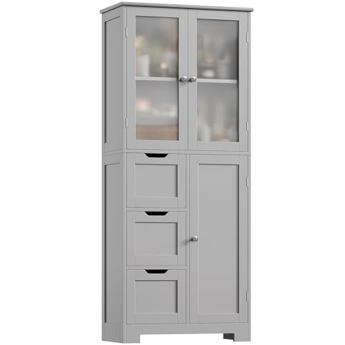 HOCSOK Meuble de Salle de Bain, Meuble de Rangement avec Tiroirs et Armoire avec la Porte, Armoire Haute en Bois pour Salon, Cuisine, 143.2X 60x30cm, Gris