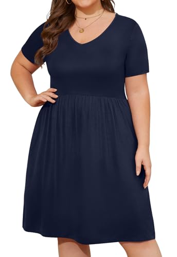 Image of DB MOON Women Plus Size Dresses 2026 Summer Casual V Neck Short Sleeve Knee Length Dress with Pockets