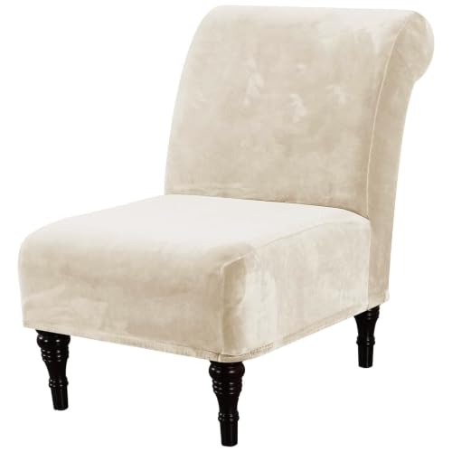 H.VERSAILTEX Armless Accent Chair Covers Thick Velvet Armless Chair Slipcovers High Stretch Chair Covers for Living Room Hotel Machine Washable Furniture Protector with Elastic Bottom, Ivory