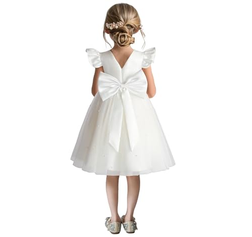 Satin Flower Girl Dress V-Back Ruffle Sleeve Dresses Girls Tulle Dress for Wedding First Communion with Bow-Knot