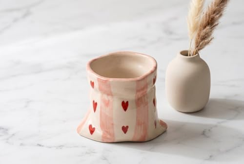 Image of Handmade Heart Print Ceramic Pouch Coffee Mug - Aesthetic Pink Striped Tea Cup for Coffee Milk Espresso, Cute Pottery Style Designer Mug for Women Girls Home Cafe Use