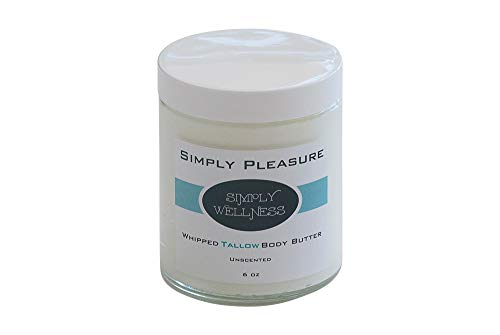 Simply PLEASURE Whipped Tallow Body Butter - Lg 6 oz - NO Chemicals or Preservatives-100% Natural - UNSCENTED - Relieves Eczema, Psoriasis, Rosacea, Scars, Dermatitis, Rashes,Skin Irritations