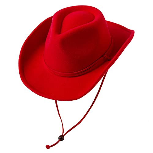 Image of Jastore Kids Girls Boys Wide Brim Western Cowboy Cowgirl Hat with Wind Lanyard Felt Fedora Hat