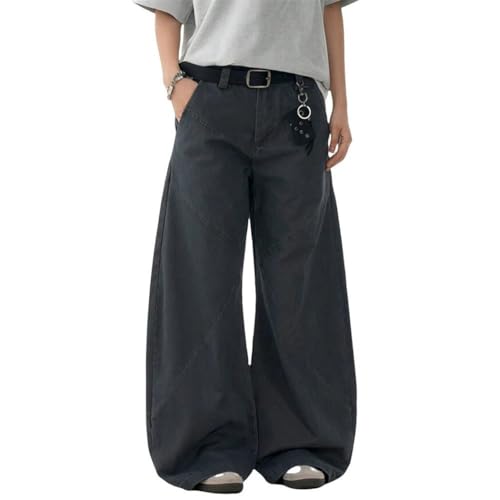 Men’s Spliced Curved Blade Jeans, Retro Streetwear Washed Distressed, Loose Wide Leg Denim Pants2