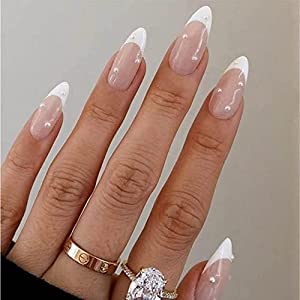 24PCS French Press on Nails Medium Pearl White Fake Nails Almond Nail Tips French Tips Press on False Nails Glossy Full Cover Acrylic Nails for Women Glue on Nails for Nail Art Manicure Decoration