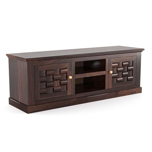 Image of Wooden TV Unit for Living Room | TV Cabinet with Storage Doors & Shelf | TV Stand Wooden | Entertainment Unit Furniture | TV Console Table | Walnut Finish