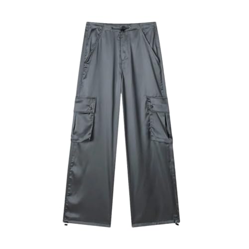 Women Satin Summer Pocket Long Trousers Straight Casual Cargo Pants