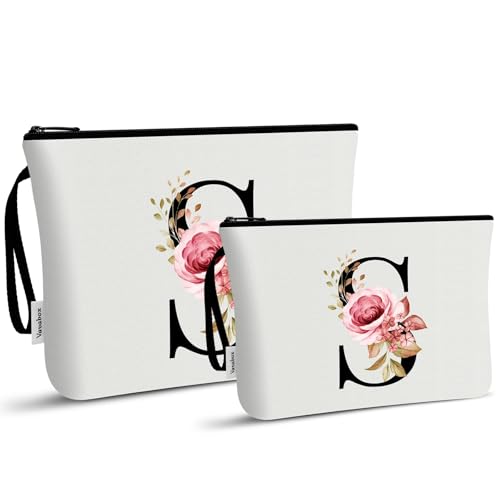 Vavabox 2 Pcs Initial Toiletry Bags Set,Birthday Gifts for Women,Travel Portable Toiletry Bag with Handle (S, White)