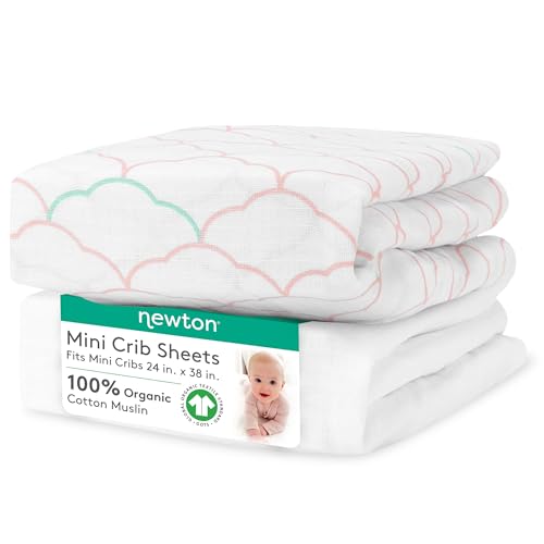 Image of Newton Baby Fitted Mini Crib Sheets (2-Pack) | Organic Muslin Cotton, Breathable & Soft Baby Sheets, Washable Baby Mattress Sheets, Fits Mini Crib Mattresses 24 inch x 38 inch, Dreamweaver Coral & Plain White
