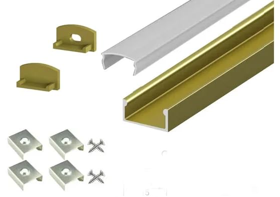 2 Metre Surface/Recessed Mounted Gold/Brass LED Profile P4-1 C/W Clips, End Caps & Opal Cover | Perfect for Bedroom, Stairs, Hallway, Kitchen, Cabinet (15mm x 7mm)