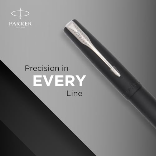 Image of Parker Frontier Matte Black Chrome Trim Roller Ball Pen| Ink Color - Blue | Perfect for Corporate Use | Elite Pen for Professionals