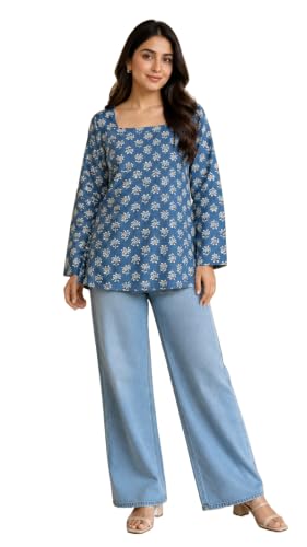 Image of Women's Floral Printed Cotton Kurti Summer Cotton Tunic Top for Girls