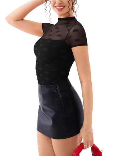 Image of REORIA Women's Sexy Mock Turtle Neck Short Sleeve Shirts Sheer Mesh Ruched Trendy Going Out Bodysuits Tops