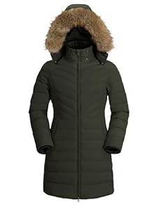Pioneer Camp Wintermantel Damen Lang Warm Steppmantel Wasserdicht Winterjacke Mantel Damen Winter mit Abnehmbarer Kunstpelzkragen Olivgrün L