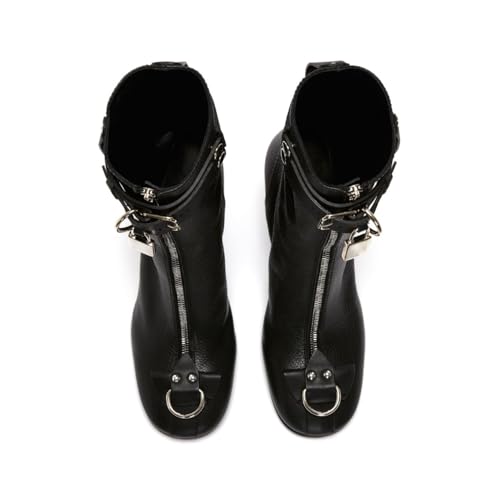 Women's Ankle Boots Padlock Round Toe Short Booties Kitten Heel Mid Calf Fashion Designer Buckle Boots Sexy Stiletto Leather Pumps with Front Zipper For Party3