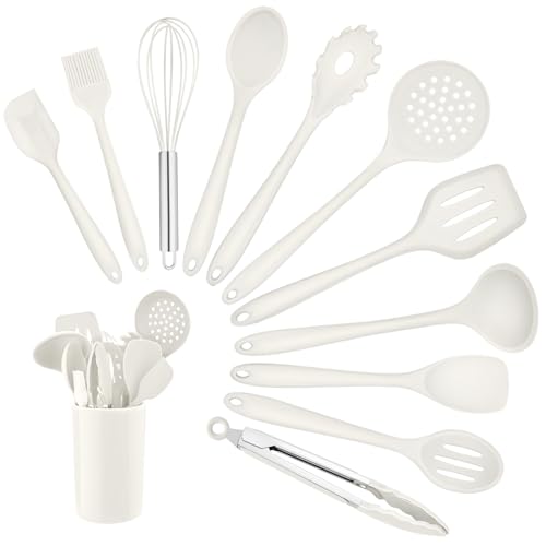 Homikit Küchenhelfer Set, 12 Stück Silikon Küchenutensilien, Hitzebeständiger Kochutensilien Kochbesteck mit Utensilienhalter, Gesund & Antihaft - Weiß