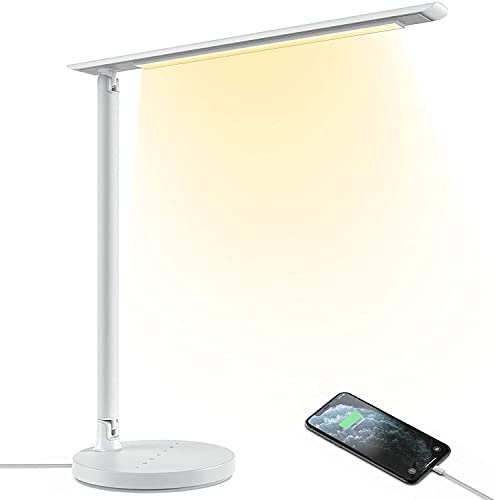 Feob Lampe de Bureau led Puissante, Lampe de Chevet Protection des Yeux Design Lecture Contrôle Tactile Dimmable 7 Niveaux de Luminosité pour Fille/Garçon, Lampe de Table led Fourniture Bureau Blanche