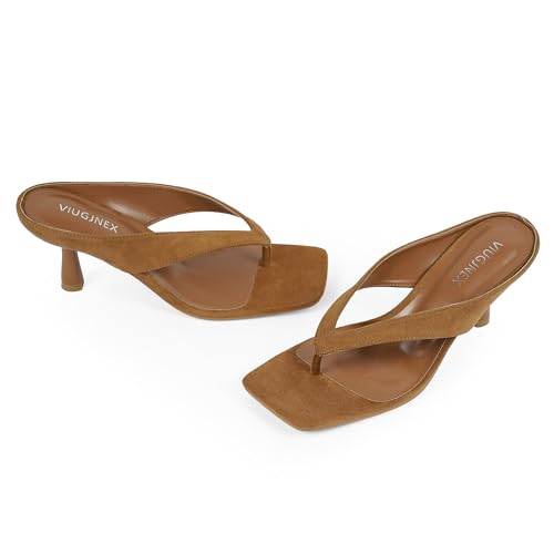 Image of VIUGJNEX Women's Kitten Heels Flip Flops Slip On Open Toe Low Heels Thong Square Slide Summer Fashion Party Heeled Dressy Sandals for Women