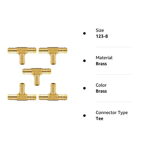Brass Hose Barb Fitting, Tee, 1/2" Barbed X 1/2" Barbed X 1/2" Barbed T-Fitting 3-Way Connector Pack Of 5 (123-8) #TOP4