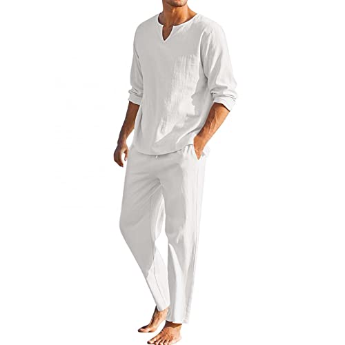 Celucke Zweiteiler Herren Leinenanzug Sommer Freizeitanzug Einfarbig 2-teilig Langarm Hemd und Hose Beach Shirt Set Baumwolle Leinen Anzug(Weiß,L)