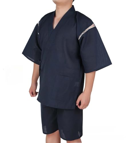 Men's Kimono Japanese Shirt and Shorts Suit, Cotton Linen Loungewear Lounge Set Spa Bathrobe, Navy2