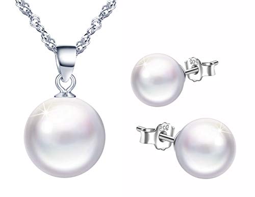 Yumilok 925 Sterling Silber Damen Halskette Kette mit Perlen Anhänger Ohrstecker Ohrringe Piercing Ohrhänger Schmuck Set für Frauen Mädchen Cover
