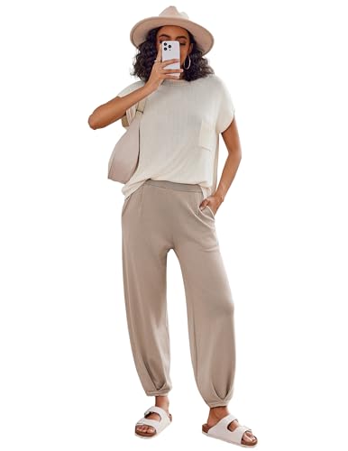 Ekouaer Two Piece Outfits Lounge Sets for Women Sweater Sets Knit Short Sleeve Tops Jogger Pants Matching Tracksuit2