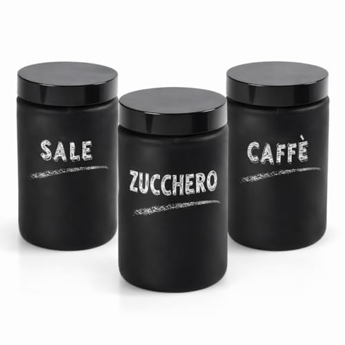 MECSAL CASALINGHI Set 3 Barattoli Contenitori, Tris Sale Zucchero Caffè, in Vetro Nero Satinato, Cucina Stile Shabby