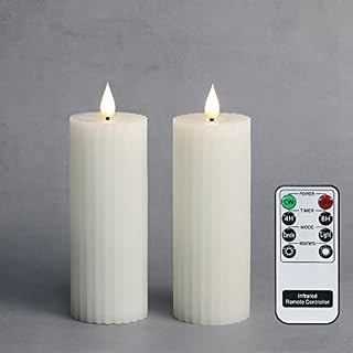 Fanna White Slim Column Battery Operated LED Candles, Flameless Pillar Candles Stripe Design for Christmas, Batteries and Remote Included - Set of 2 (Height 15cm)