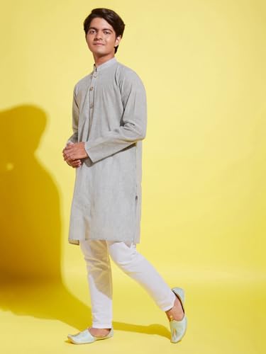 Image of VASTRAMAY boys VASTRAMAY YUVA Boys' Ash Grey and White Pure Cotton Kurta Pyjama Set