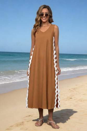 Image of utcoco Women's Summer Beach Boho Flowy Maxi Dress Casual Sleeveless V Neck Side Slit RIC Rac Tank Dress
