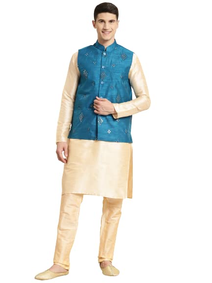 Image of SOJANYA (Since 1958, Men's Silk Blend Grey Kurta Pyjama & Silk Blend Jacket Combo
