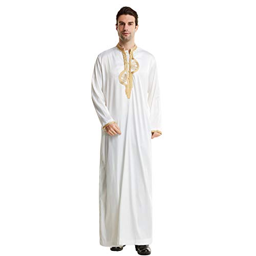 XINNI Men Arabic Long Sleeve Embroidery Thobe Stand Collar Kaftan Robe