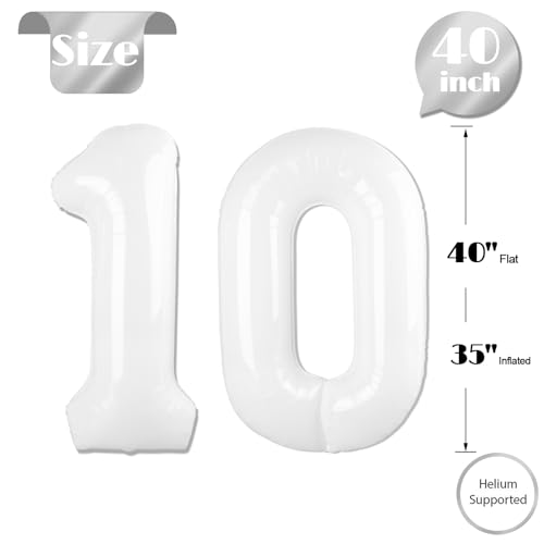 Image of White Number 10 Balloon 40 inch, 10 Number Balloons, 10th White Birthday Decorations, 10 Year Old Party Supplies