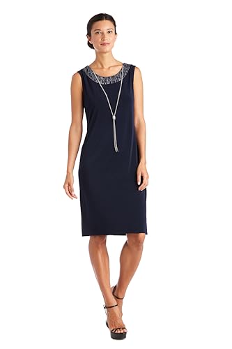 Image of R&M Richards Women's Elegant Metallic Jacquard Knit Jacket Dress | Shimmering 2-Piece Ensemble W /Detachable Necklace