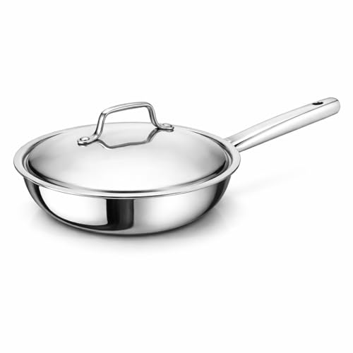 Image of Tri-Ply Stainless Steel Frying Pan with Lid 24cm | Triply Construction with Aluminium Core, Heavy Duty Skillet with Glass Lid, Riveted Handle, Induction Compatible (1.7 LTR)