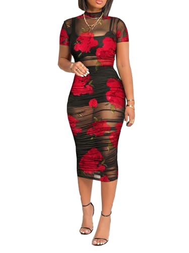 Mojessy Sheer Dress for Women Sexy Short Sleeve Ruched Mesh Bodycon Dress Adjustable Strap Top Mini Skirt 3 Piece Outfits Set