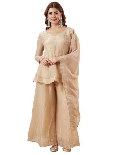 Image of MOKOSH Women's Silk Embroidery Peplum Kurta Sharara with Dupatta | Anarkali Kurta Set | Sweetheart Neck Full Sleeve Ethnic Suit | 3 Piece Outfit | Indian Kurta Outfit With Sharara