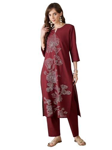 Image of INDO ERA Women's Pure Cotton Straight Embroidered Kurta with Pant | Women Kurta Set | Ethnic Wear for Women | Daily Office Casual Traditional Outfit,IESTR12241XXL | Cord Set For Women Cotton |