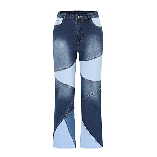 THUNDER STAR Women's Stretch Wide Leg Jeans Mid Rise Patchwork Denim Pants
