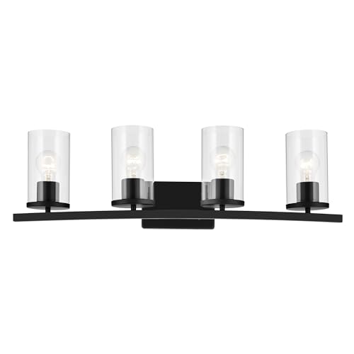 Image of Kichler Crosby 31.25 inch 4-Light Bathroom Vanity Light Fixture with Clear Glass in Black, Modern Wall Mount Light for Bathroom Over Mirror (31.25 inch x 8.75 inch), 45498BKCLR