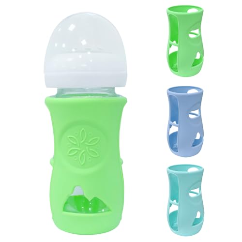 Image of 3 Pack Glass Baby Bottle Sleeve for Philips Avent, Anti Breakage Bottle Holder for Baby - Blue + Green + Cyan, 8 oz