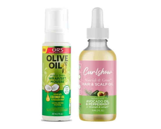 ORS Olive Oil Hold & Shine Wrap Set Mousse Infused with Coconut Oil for Restorative Shine - Olive Oil Curlshow Nourish & Grow* Hair & Scalp Oil Infused with Avocado Oil & Peppermint - Bundle