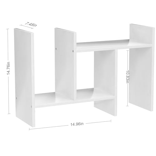 Image of Desk Shelves Wood Desktop Orgnizer Shelf. Office Organization for Top of Desk Organizers and Accessories Bookshelf Shelving,Adjustable Tier H-Shape Mini Bookcase(White)