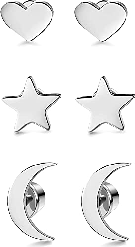 3 Pair Set Stud Earrings Moon, Star and Heart for Teenager Girls Women Men