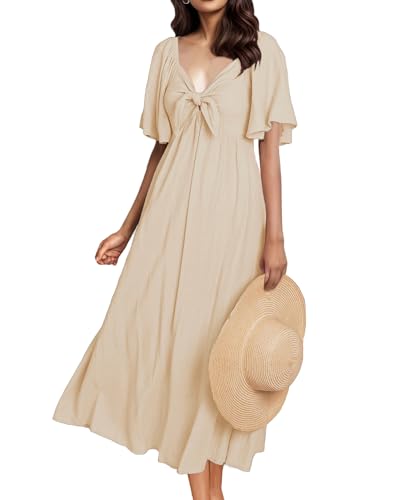 GOLDSTITCH Summer Dress for Women 2025 Casual Short Sleeve Bow Tie V Neck Smocked High Waist A-Line Flowy Midi Dress