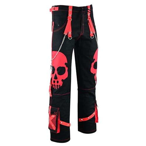 WMI Men’s Big Red Skull Bold, Dark Gothic Fashion Pants with Red Straps, Chain, and Silver Studs2