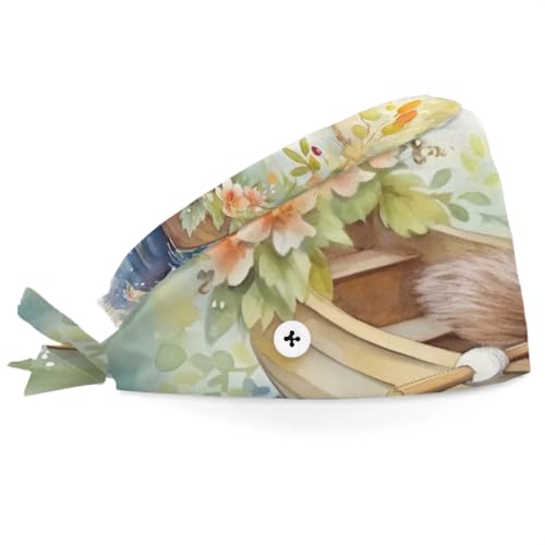 Mularoka Watercolor Squirrel River Boat Working Caps with Button Sweatband Comfortable Adjustable Bouffant Hats Work Hat for Women Men
