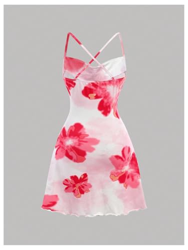 WDIRARA Girl's Floral Cami Dress Spaghetti Strap Criss Cross Backless Short Dress2